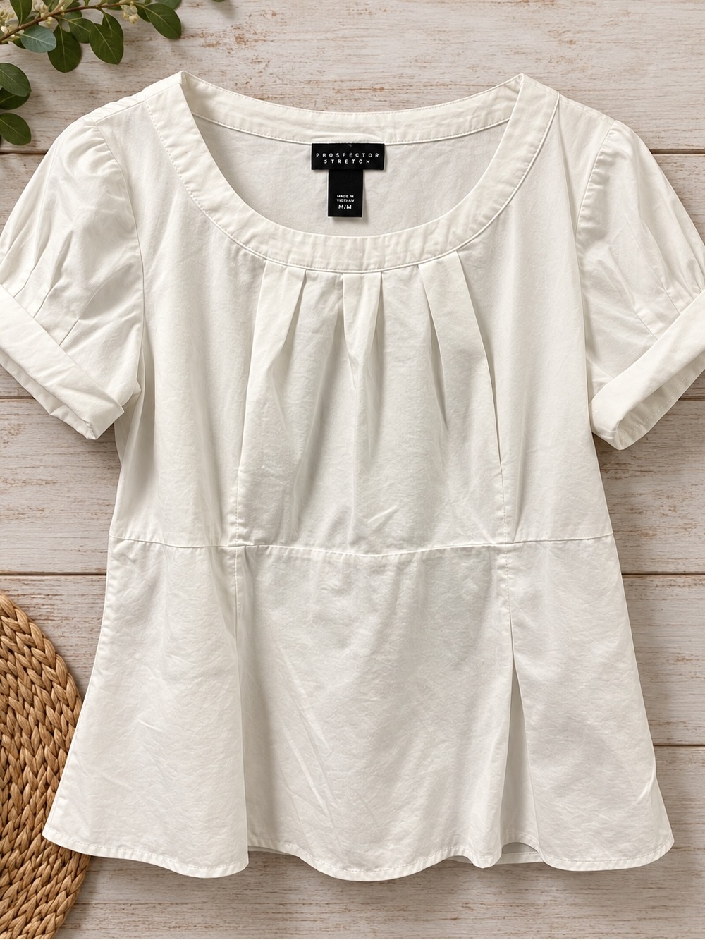 Prospector Stretch Ivory Pleated Puff Sleeve Peplum Blouse M